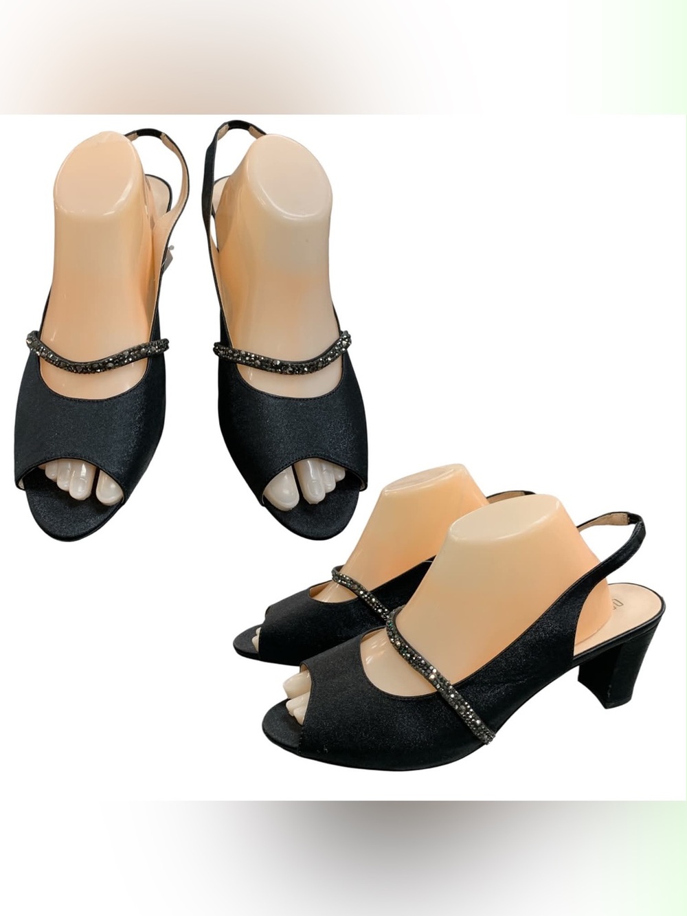 De Blossom Collection Black Open-Toe Slingback Heels with Rhinestone Strap S11